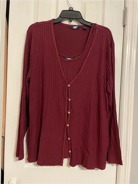 Lands' End Ribbed Wine-Red Long Sleeve cardigan set with matching tank top